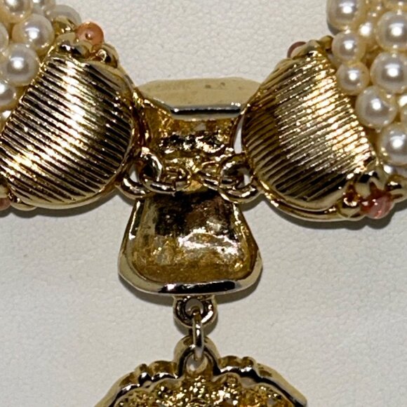 Vintage Faux Pearl Torsade Necklace With Ornate Gold-Tone Pendant & Rhinestones - Picture 7 of 14
